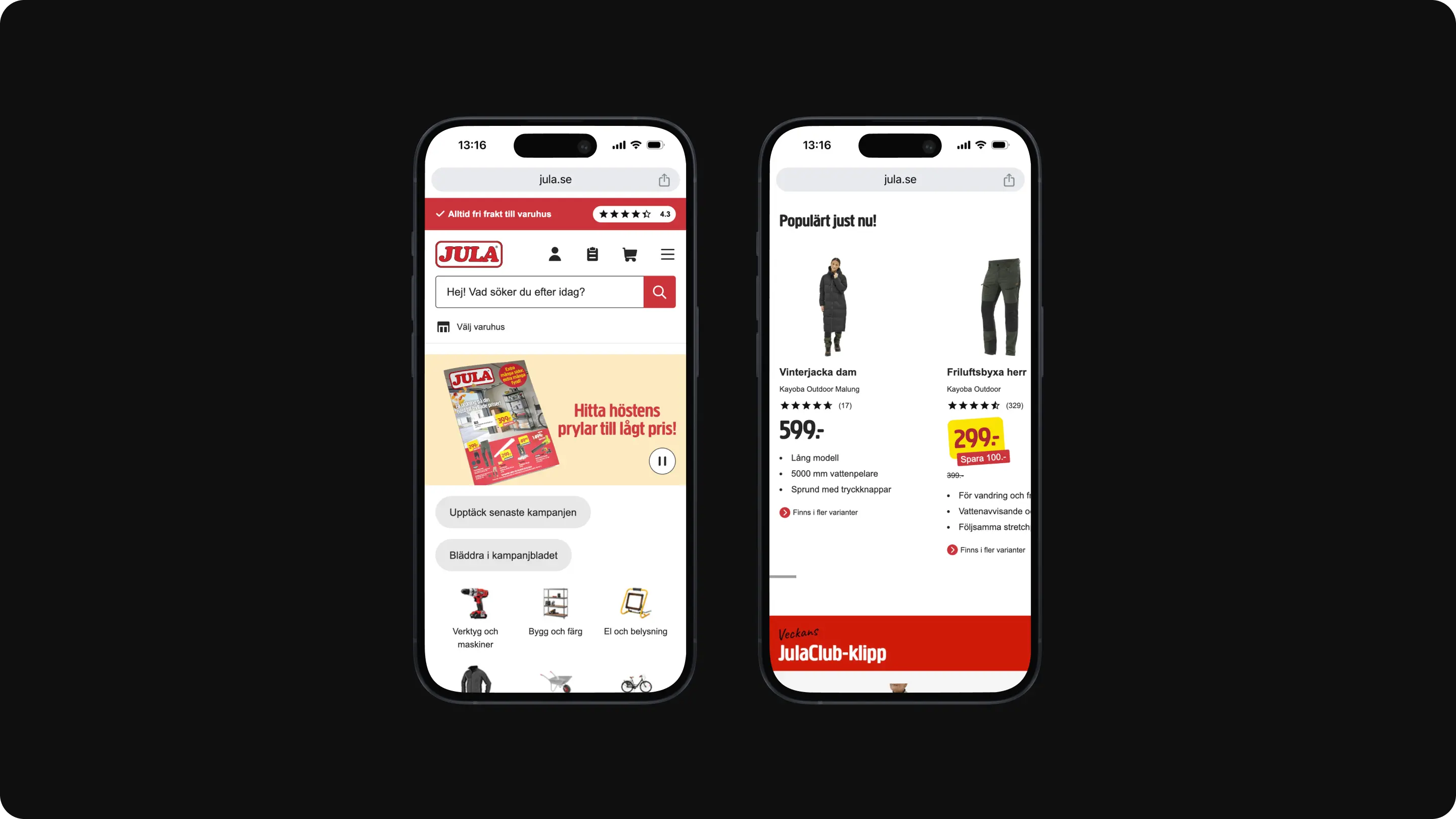 Två mobiler som besöker olika sidor ur Julas e-handel.