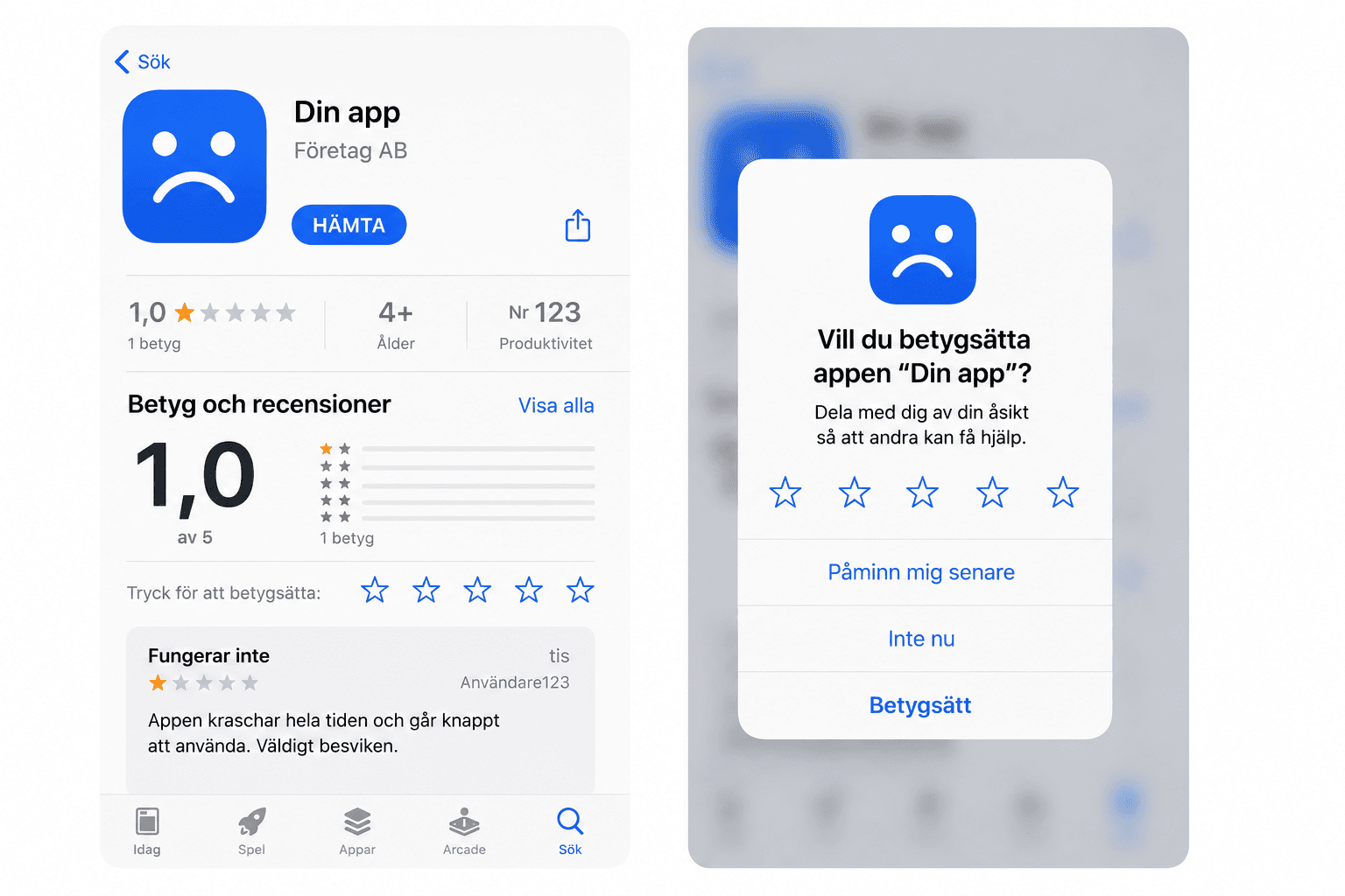 App Store-listning för en app med 1,0 i betyg och en recension om att appen kraschar, bredvid en uppmaning att betygsätta appen