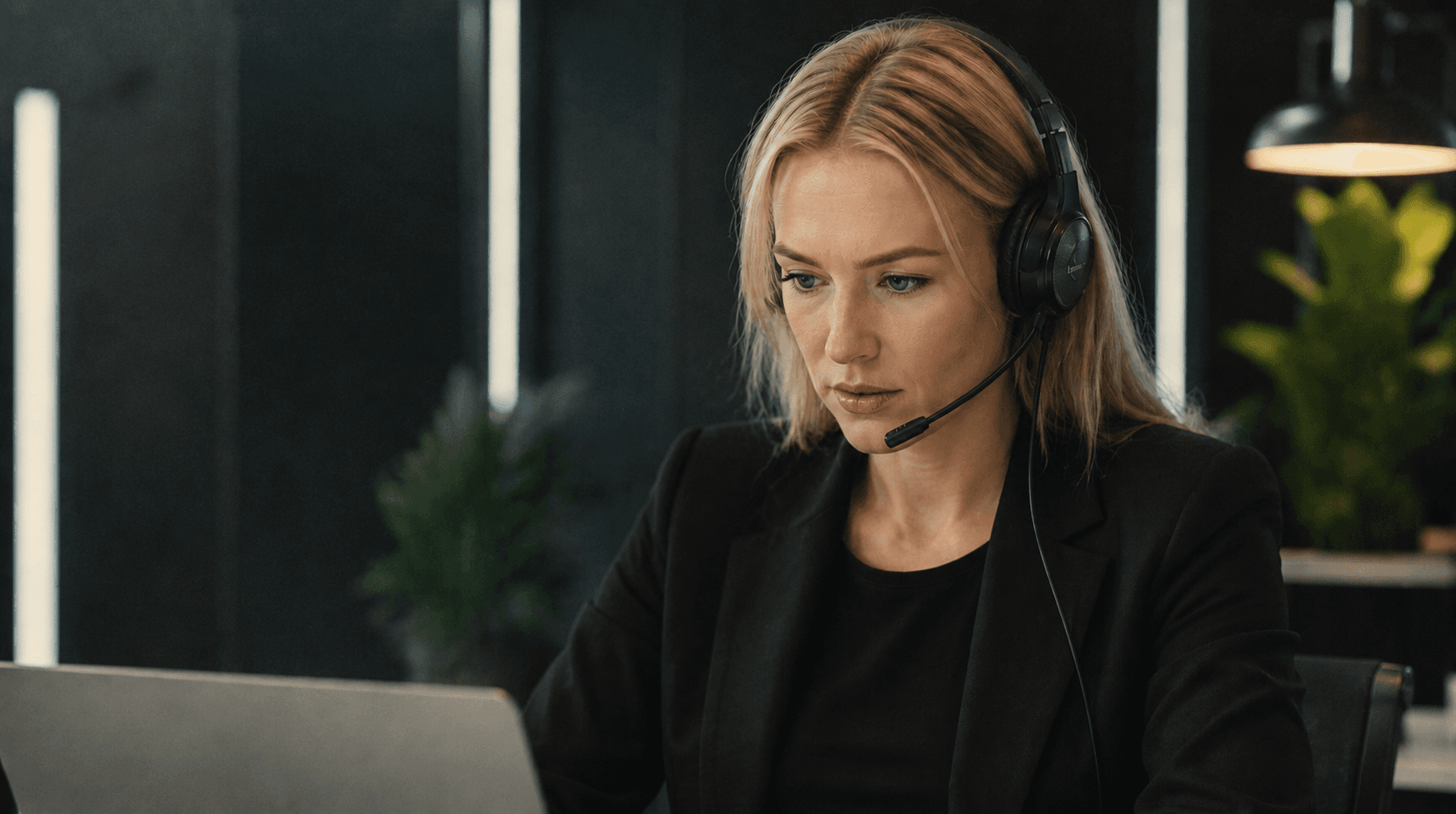 Kundservicemedarbetare med headset som arbetar vid en laptop när digital självservice blir manuell support