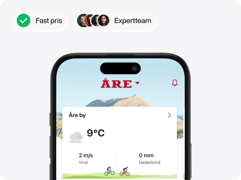Smartphone som visar SkiStar-appen för Åre med checkmark för fast pris och avatarer för expertteam