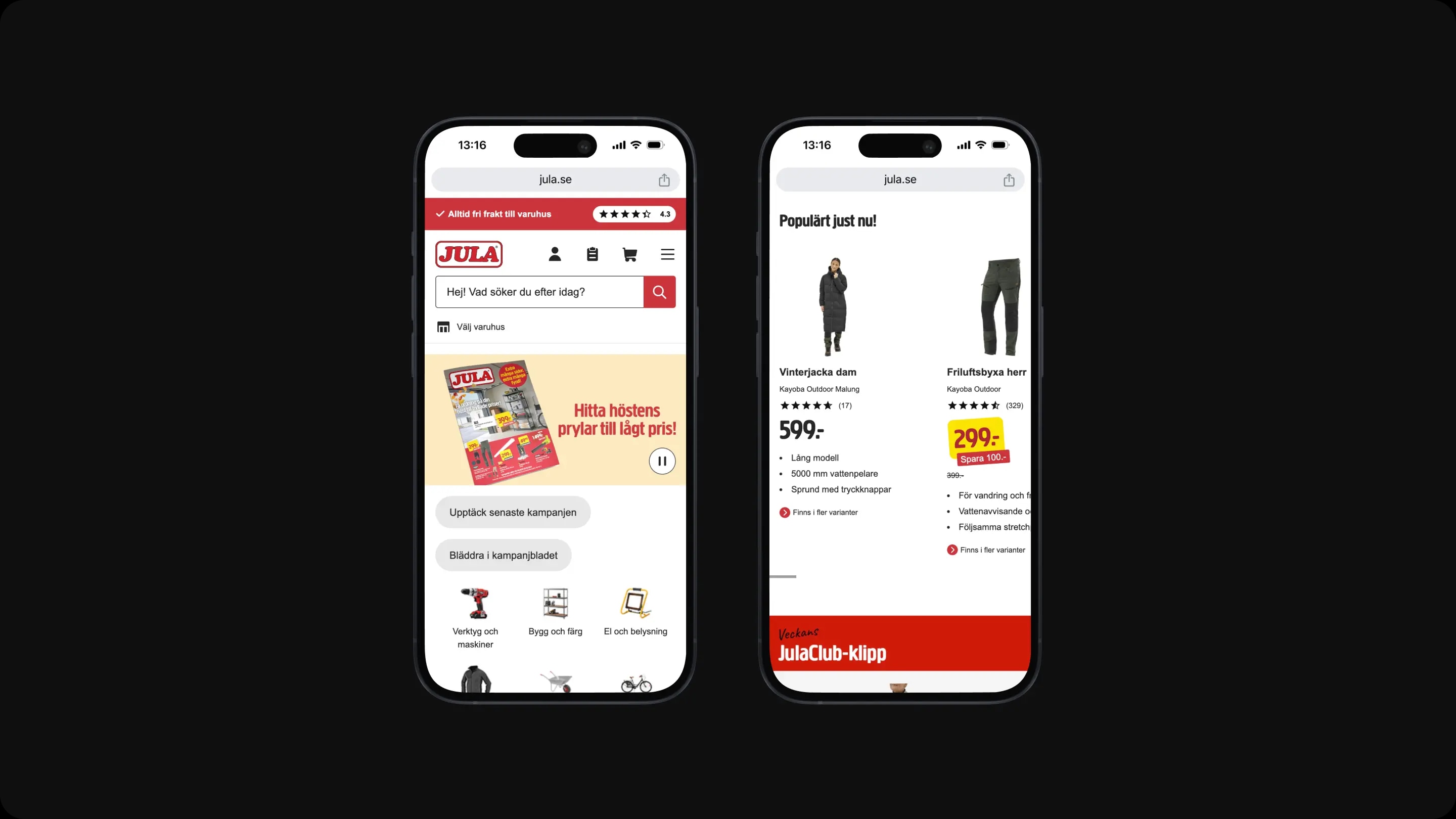 Två mobiler som besöker olika sidor ur Julas e-handel.