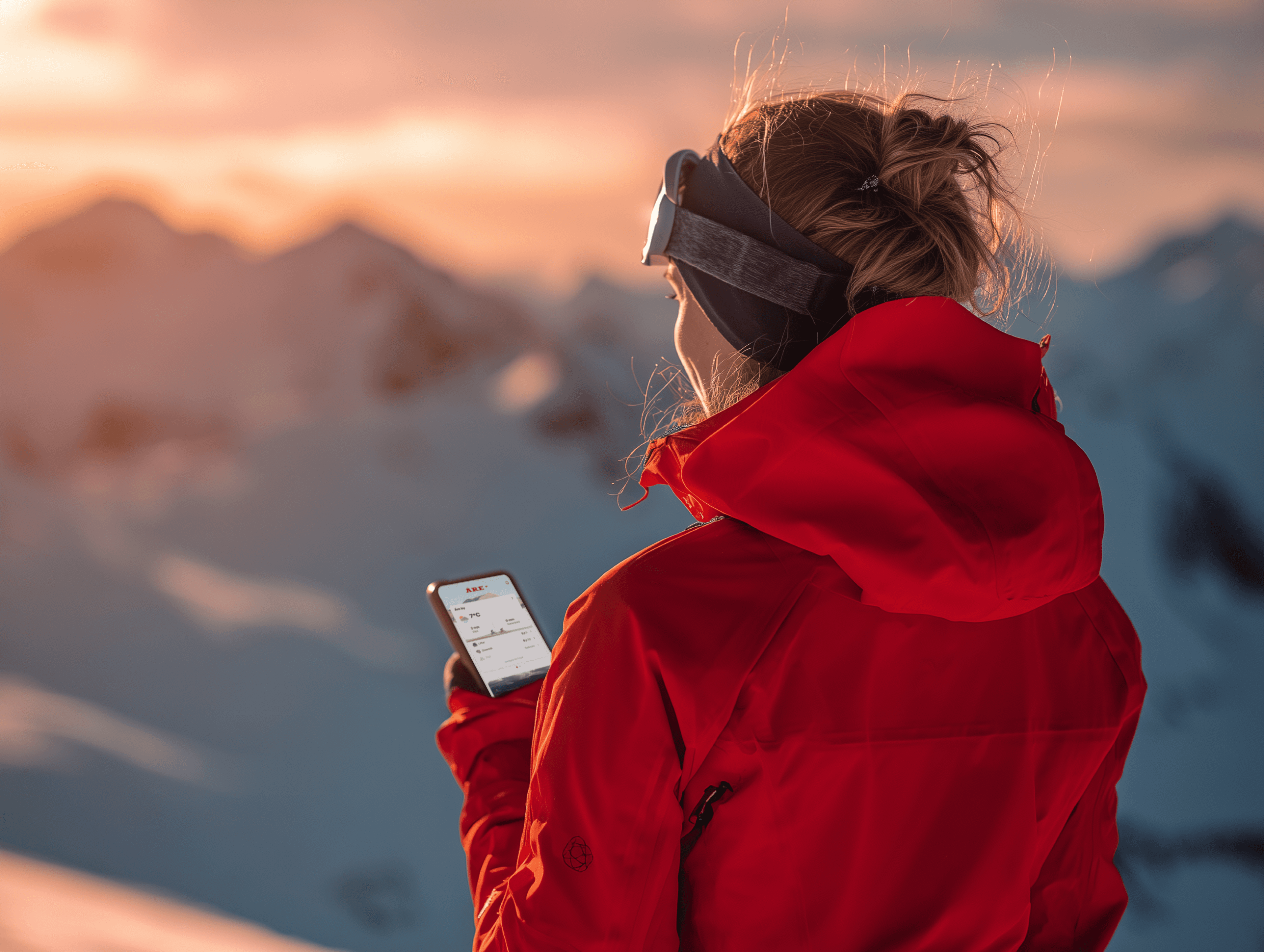 skidåkare i backen som håller i en mobil med skistar appen öppen